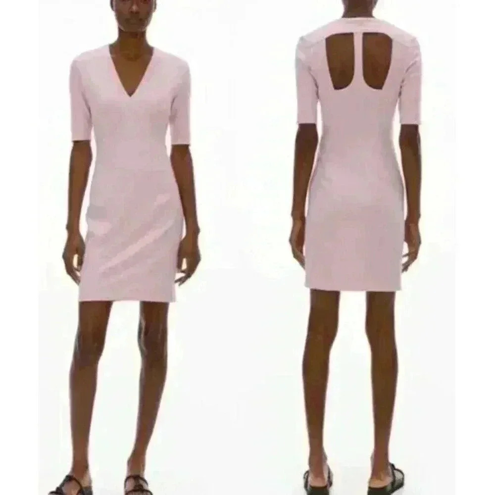 Helmut Lang Pink V-Neck Cutout Back Ribbed Knit Sheath Dress L04HC602 Size M